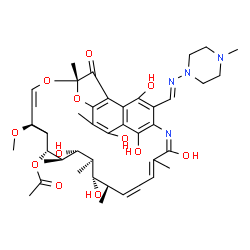 ChemSpider 2D Image | (7S,11S,12R,13S,14R,15R,16R,17S,18S)-2,15,17,27,29-Pentahydroxy-11-methoxy-3,7,12,14,16,18,22-heptamethyl-26-{(E)-[(4-methyl-1-piperazinyl)imino]methyl}-6,23-dioxo-8,30-dioxa-24-azatetracyclo[23.3.1.1
~4,7~.0~5,28~]triaconta-1(28),2,4,9,19,21,25(29),26-octaen-13-yl acetate | C43H58N4O12