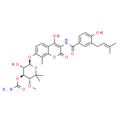 ChemSpider 2D Image | (3R,4S,5S,6S)-5-Hydroxy-6-[(4-hydroxy-3-{[4-hydroxy-3-(3-methyl-2-buten-1-yl)benzoyl]amino}-8-methyl-2-oxo-2H-chromen-7-yl)oxy]-3-methoxy-2,2-dimethyltetrahydro-2H-pyran-4-yl carbamate (non-preferred 
name) | C31H36N2O11