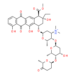 ChemSpider 2D Image | (1S,3R,4R)-3-Ethyl-3,10,12-trihydroxy-4-(methoxycarbonyl)-6,11-dioxo-1,2,3,4,6,11-hexahydro-1-tetracenyl 2,3,6-trideoxy-4-O-{2,6-dideoxy-4-O-[(2R,6S)-6-methyl-5-oxotetrahydro-2H-pyran-2-yl]-alpha-L-ly
xo-hexopyranosyl}-3-(dimethylammonio)-alpha-L-lyxo-hexopyranoside | C42H54NO15