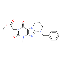 ChemSpider 2D Image | Methyl (9-benzyl-1-methyl-2,4-dioxo-1,4,6,7,8,9-hexahydropyrimido[2,1-f]purin-3(2H)-yl)acetate | C19H21N5O4