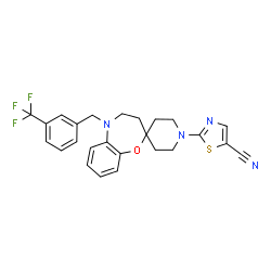 ChemSpider 2D Image | 2-{5-[3-(Trifluoromethyl)benzyl]-4,5-dihydro-1'H,3H-spiro[1,5-benzoxazepine-2,4'-piperidin]-1'-yl}-1,3-thiazole-5-carbonitrile | C25H23F3N4OS