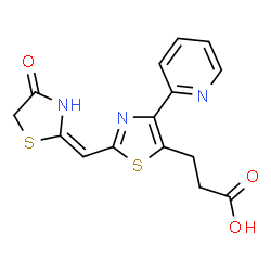 ChemSpider 2D Image | 3-{2-[(E)-(4-Oxo-1,3-thiazolidin-2-ylidene)methyl]-4-(2-pyridinyl)-1,3-thiazol-5-yl}propanoic acid | C15H13N3O3S2