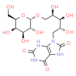 ChemSpider 2D Image | 1-Deoxy-5-O-alpha-D-galactopyranosyl-1-(2,6,8-trioxo-1,2,3,6,7,8-hexahydro-9H-purin-9-yl)-D-arabinitol | C16H24N4O12