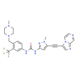 ChemSpider 2D Image | 1-[5-(Imidazo[1,2-a]pyrazin-3-ylethynyl)-1-methyl-1H-pyrazol-3-yl]-3-{4-[(4-methyl-1-piperazinyl)methyl]-3-(trifluoromethyl)phenyl}urea | C26H26F3N9O