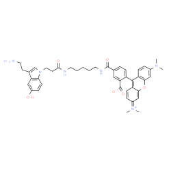 ChemSpider 2D Image | 5-{[5-({3-[3-(2-Aminoethyl)-5-hydroxy-1H-indol-1-yl]propanoyl}amino)pentyl]carbamoyl}-2-[6-(dimethylamino)-3-(dimethyliminio)-3H-xanthen-9-yl]benzoate | C43H48N6O6