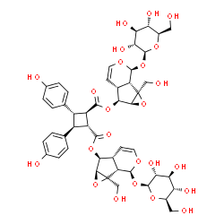 ChemSpider 2D Image | Bis[(1aS,1bS,2S,5aR,6S,6aS)-2-(beta-D-glucopyranosyloxy)-1a-(hydroxymethyl)-1a,1b,2,5a,6,6a-hexahydrooxireno[4,5]cyclopenta[1,2-c]pyran-6-yl] (1R,2R,3S,4S)-3,4-bis(4-hydroxyphenyl)-1,2-cyclobutanedica
rboxylate | C48H56O24