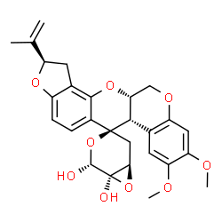 ChemSpider 2D Image | (1'R,2R,5'R,6R,6'R,6aS,12aS)-2-Isopropenyl-8,9-dimethoxy-1,2,12,12a-tetrahydro-6'H,6aH-spiro[chromeno[3,4-b]furo[2,3-h]chromene-6,3'-[4,7]dioxabicyclo[4.1.0]heptane]-5',6'-diol | C27H28O9
