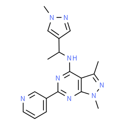 ChemSpider 2D Image | 1,3-Dimethyl-N-[1-(1-methyl-1H-pyrazol-4-yl)ethyl]-6-(3-pyridinyl)-1H-pyrazolo[3,4-d]pyrimidin-4-amine | C18H20N8