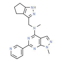 ChemSpider 2D Image | N,1-Dimethyl-6-(3-pyridinyl)-N-(1,4,5,6-tetrahydrocyclopenta[c]pyrazol-3-ylmethyl)-1H-pyrazolo[3,4-d]pyrimidin-4-amine | C19H20N8