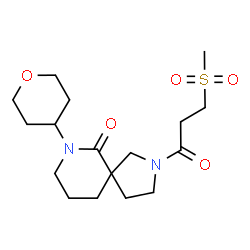 ChemSpider 2D Image | 2-[3-(Methylsulfonyl)propanoyl]-7-(tetrahydro-2H-pyran-4-yl)-2,7-diazaspiro[4.5]decan-6-one | C17H28N2O5S