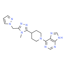 ChemSpider 2D Image | 6-{4-[4-Methyl-5-(1H-pyrazol-1-ylmethyl)-4H-1,2,4-triazol-3-yl]-1-piperidinyl}-1H-purine | C17H20N10