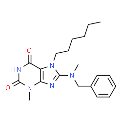 ChemSpider 2D Image | 8-[Benzyl(methyl)amino]-7-hexyl-3-methyl-3,7-dihydro-1H-purine-2,6-dione | C20H27N5O2