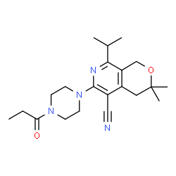 ChemSpider 2D Image | 8-Isopropyl-3,3-dimethyl-6-(4-propionyl-1-piperazinyl)-3,4-dihydro-1H-pyrano[3,4-c]pyridine-5-carbonitrile | C21H30N4O2