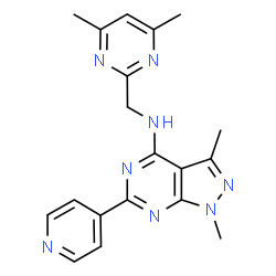 ChemSpider 2D Image | N-[(4,6-Dimethyl-2-pyrimidinyl)methyl]-1,3-dimethyl-6-(4-pyridinyl)-1H-pyrazolo[3,4-d]pyrimidin-4-amine | C19H20N8