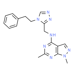 ChemSpider 2D Image | 1,6-Dimethyl-N-{[4-(2-phenylethyl)-4H-1,2,4-triazol-3-yl]methyl}-1H-pyrazolo[3,4-d]pyrimidin-4-amine | C18H20N8