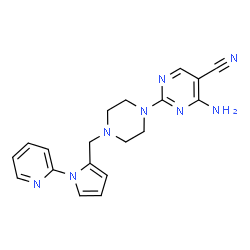 ChemSpider 2D Image | 4-Amino-2-(4-{[1-(2-pyridinyl)-1H-pyrrol-2-yl]methyl}-1-piperazinyl)-5-pyrimidinecarbonitrile | C19H20N8