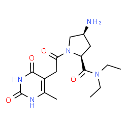 ChemSpider 2D Image | (4S)-4-Amino-N,N-diethyl-1-[(6-methyl-2,4-dioxo-1,2,3,4-tetrahydro-5-pyrimidinyl)acetyl]-L-prolinamide | C16H25N5O4