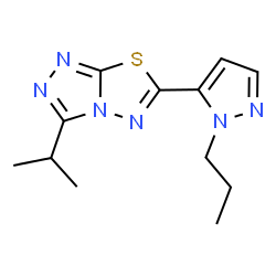 ChemSpider 2D Image | 3-Isopropyl-6-(1-propyl-1H-pyrazol-5-yl)[1,2,4]triazolo[3,4-b][1,3,4]thiadiazole | C12H16N6S