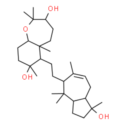 ChemSpider 2D Image | 6-[2-(1-Hydroxy-1,4,4,6-tetramethyl-1,2,3,3a,4,5,8,8a-octahydro-5-azulenyl)ethyl]-2,2,5a,7-tetramethyldecahydro-1-benzoxepine-3,7-diol | C30H52O4