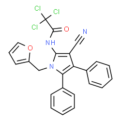 ChemSpider 2D Image | 2,2,2-trichloro-N-[3-cyano-1-(furan-2-ylmethyl)-4,5-diphenylpyrrol-2-yl]acetamide | C24H16Cl3N3O2