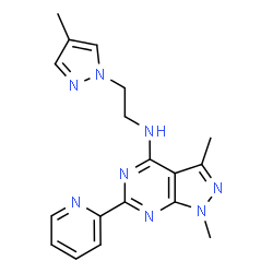ChemSpider 2D Image | 1,3-Dimethyl-N-[2-(4-methyl-1H-pyrazol-1-yl)ethyl]-6-(2-pyridinyl)-1H-pyrazolo[3,4-d]pyrimidin-4-amine | C18H20N8