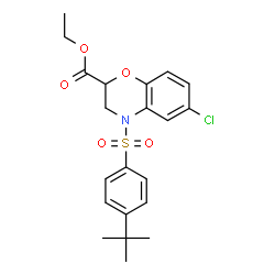ChemSpider 2D Image | Ethyl 6-chloro-4-{[4-(2-methyl-2-propanyl)phenyl]sulfonyl}-3,4-dihydro-2H-1,4-benzoxazine-2-carboxylate | C21H24ClNO5S