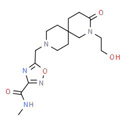 ChemSpider 2D Image | 5-{[2-(2-Hydroxyethyl)-3-oxo-2,9-diazaspiro[5.5]undec-9-yl]methyl}-N-methyl-1,2,4-oxadiazole-3-carboxamide | C16H25N5O4