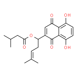 ChemSpider 2D Image | 1-(5,8-Dihydroxy-1,4-dioxo-1,4-dihydro-2-naphthalenyl)-4-methyl-3-pentenyl 3-methylbutanoate | C21H24O6
