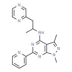 ChemSpider 2D Image | 1,3-Dimethyl-N-[1-(2-pyrazinyl)-2-propanyl]-6-(2-pyridinyl)-1H-pyrazolo[3,4-d]pyrimidin-4-amine | C19H20N8