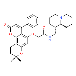 ChemSpider 2D Image | 2-[(8,8-Dimethyl-2-oxo-4-phenyl-9,10-dihydro-2H,8H-pyrano[2,3-f]chromen-5-yl)oxy]-N-[(1S,9aR)-octahydro-2H-quinolizin-1-ylmethyl]acetamide | C32H38N2O5