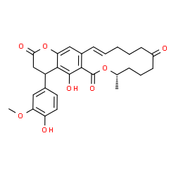 ChemSpider 2D Image | (8S,16E)-5-Hydroxy-4-(4-hydroxy-3-methoxyphenyl)-8-methyl-4,8,9,10,11,13,14,15-octahydro-2H,6H-oxacyclotetradecino[3,4-g]chromene-2,6,12(3H)-trione | C28H30O8