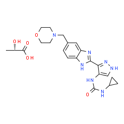 ChemSpider 2D Image | (2S)-2-Hydroxypropanoic acid - 1-cyclopropyl-3-{3-[5-(4-morpholinylmethyl)-1H-benzimidazol-2-yl]-1H-pyrazol-4-yl}urea (1:1) | C22H29N7O5
