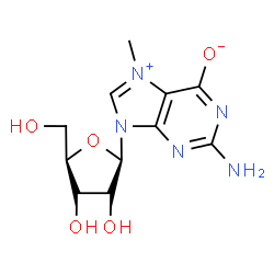 ChemSpider 2D Image | 2-Amino-7-methyl-9-(beta-D-ribofuranosyl)-9H-purin-7-ium-6-olate | C11H15N5O5