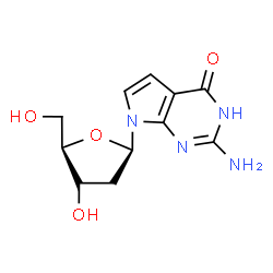 ChemSpider 2D Image | 2-Amino-7-(2-deoxy-beta-D-erythro-pentofuranosyl)-1,7-dihydro-4H-pyrrolo[2,3-d]pyrimidin-4-one | C11H14N4O4