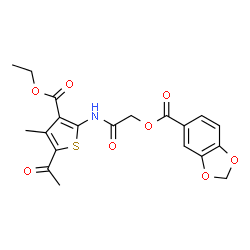 ChemSpider 2D Image | 2-{[5-Acetyl-3-(ethoxycarbonyl)-4-methyl-2-thienyl]amino}-2-oxoethyl 1,3-benzodioxole-5-carboxylate | C20H19NO8S