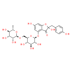 ChemSpider 2D Image | 2,6-Dihydroxy-2-(4-hydroxybenzyl)-3-oxo-2,3-dihydro-1-benzofuran-4-yl 6-O-(6-deoxy-alpha-L-mannopyranosyl)-beta-D-glucopyranoside | C27H32O15