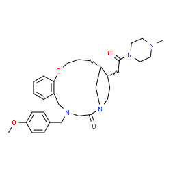 ChemSpider 2D Image | (16R,17S)-4-(4-Methoxybenzyl)-17-[2-(4-methyl-1-piperazinyl)-2-oxoethyl]-12-oxa-1,4-diazatricyclo[14.3.1.0~6,11~]icosa-6,8,10-trien-2-one | C32H44N4O4