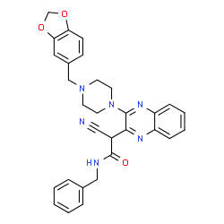 ChemSpider 2D Image | 2-{3-[4-(1,3-Benzodioxol-5-ylmethyl)-1-piperazinyl]-2-quinoxalinyl}-N-benzyl-2-cyanoacetamide | C30H28N6O3