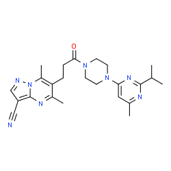 ChemSpider 2D Image | 6-{3-[4-(2-Isopropyl-6-methyl-4-pyrimidinyl)-1-piperazinyl]-3-oxopropyl}-5,7-dimethylpyrazolo[1,5-a]pyrimidine-3-carbonitrile | C24H30N8O