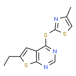 ChemSpider 2D Image | 6-Ethyl-4-[(4-methyl-1,3-thiazol-2-yl)sulfanyl]thieno[2,3-d]pyrimidine | C12H11N3S3