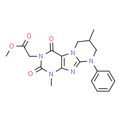 ChemSpider 2D Image | Methyl (1,7-dimethyl-2,4-dioxo-9-phenyl-1,4,6,7,8,9-hexahydropyrimido[2,1-f]purin-3(2H)-yl)acetate | C19H21N5O4