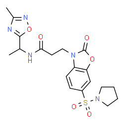 ChemSpider 2D Image | N-[1-(3-Methyl-1,2,4-oxadiazol-5-yl)ethyl]-3-[2-oxo-6-(1-pyrrolidinylsulfonyl)-1,3-benzoxazol-3(2H)-yl]propanamide | C19H23N5O6S