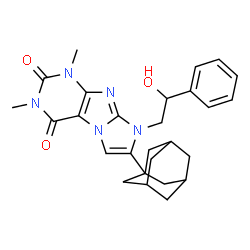 ChemSpider 2D Image | 7-(Adamantan-1-yl)-8-(2-hydroxy-2-phenylethyl)-1,3-dimethyl-1H-imidazo[2,1-f]purine-2,4(3H,8H)-dione | C27H31N5O3