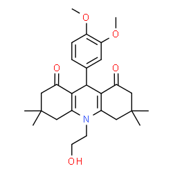 ChemSpider 2D Image | 9-(3,4-Dimethoxyphenyl)-10-(2-hydroxyethyl)-3,3,6,6-tetramethyl-3,4,6,7,9,10-hexahydro-1,8(2H,5H)-acridinedione | C27H35NO5