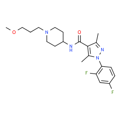 ChemSpider 2D Image | 1-(2,4-Difluorophenyl)-N-[1-(3-methoxypropyl)-4-piperidinyl]-3,5-dimethyl-1H-pyrazole-4-carboxamide | C21H28F2N4O2