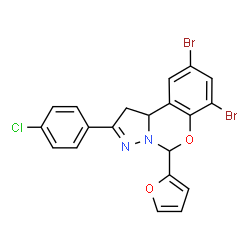 ChemSpider 2D Image | 7,9-Dibromo-2-(4-chlorophenyl)-5-(2-furyl)-1,10b-dihydropyrazolo[1,5-c][1,3]benzoxazine | C20H13Br2ClN2O2