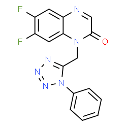 ChemSpider 2D Image | 6,7-Difluoro-1-[(1-phenyl-1H-tetrazol-5-yl)methyl]-2(1H)-quinoxalinone | C16H10F2N6O