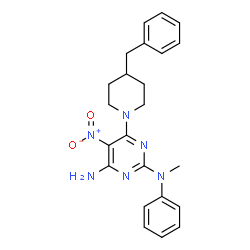 ChemSpider 2D Image | 6-(4-Benzyl-1-piperidinyl)-N~2~-methyl-5-nitro-N~2~-phenyl-2,4-pyrimidinediamine | C23H26N6O2