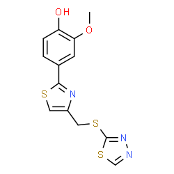 ChemSpider 2D Image | 2-Methoxy-4-{4-[(1,3,4-thiadiazol-2-ylsulfanyl)methyl]-1,3-thiazol-2-yl}phenol | C13H11N3O2S3