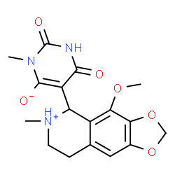 ChemSpider 2D Image | 5-(4-Methoxy-6-methyl-5,6,7,8-tetrahydro[1,3]dioxolo[4,5-g]isoquinolin-6-ium-5-yl)-3-methyl-2,6-dioxo-1,2,3,6-tetrahydro-4-pyrimidinolate | C17H19N3O6
